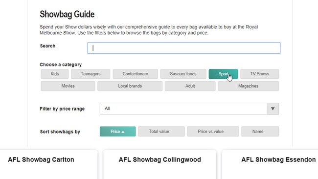 Clicking on a category will filter showbag results by that showbag theme, such as Sport.