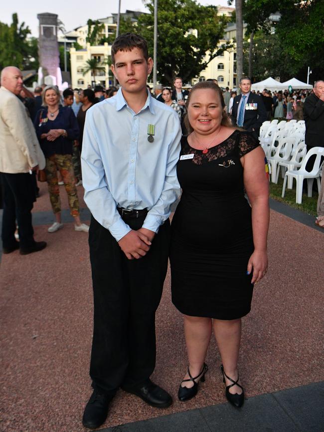 Anzac Day 2025. Dawn service Anzac Park Townsville. Legacy Legatee Rosie Mahoney and Banjo. Picture: Evan Morgan