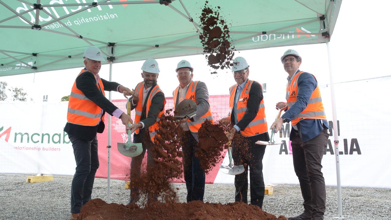 Mission Australia and McNab turn sod on a new 15-unit social and affordable housing precinct on Princess Street in Newtown, Toowoomba. Shovelling the dirt are (from left) Mission Australia's national property and housing director Chris Bratchford, Queensland treasurer David Janetzki, McNab executive chairman Michael McNab, Mission Australia chairman Ian Hammond and Toowoomba mayor Geoff McDonald.