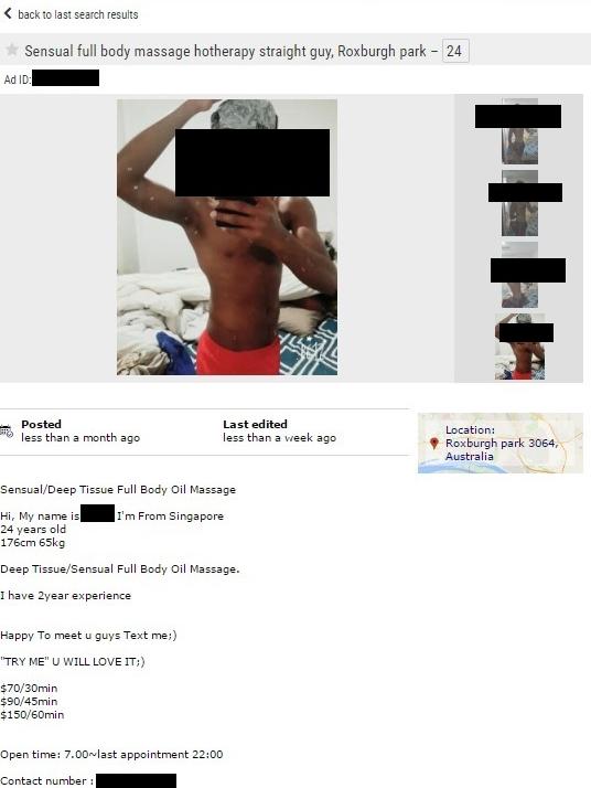 A male worker advertising “sensual full body oil massage”.