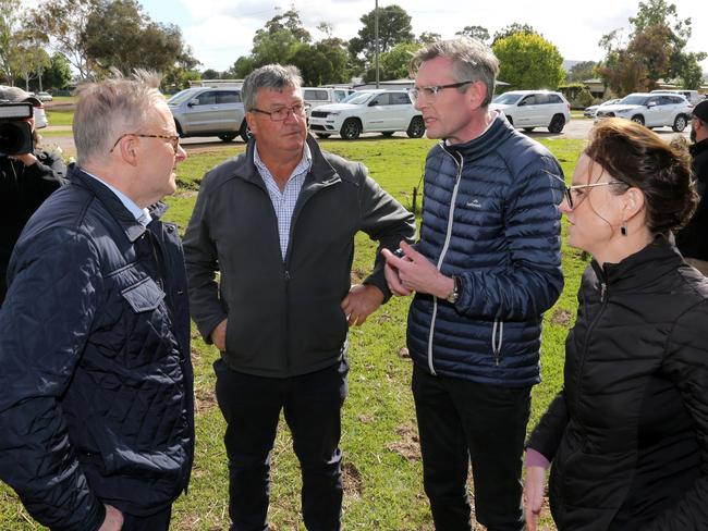 Cabonne Mayor Kevin Beatty (middle) during Prime Minister Anthony Albanese and Premier Dominic Perrottet’s visit to Eugowra in November. Picture: Steve Gosch