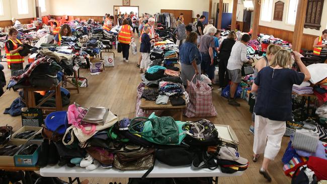 The Lucknow Memorial Hall outside of Bairnsdale is filled with donated clothes, food and toys for victims of the Gippsland bushfires. Picture: David Crosling