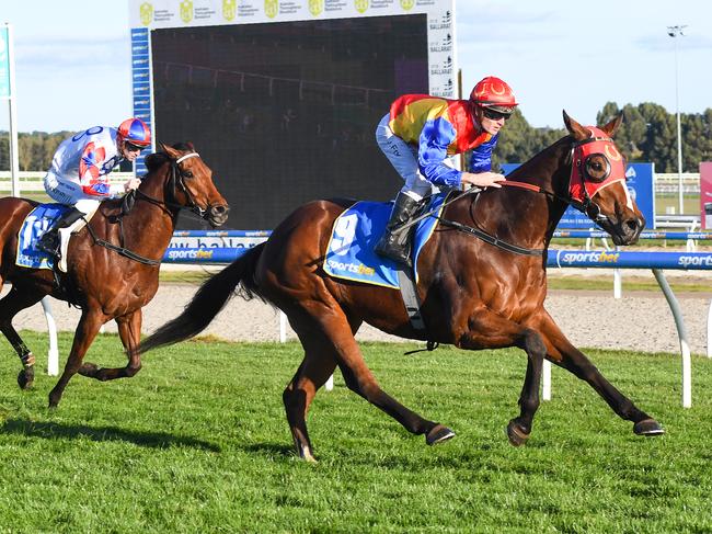 Just Johnno ridden by Jarrod Fry wins the Sportsbet Bet With Mates BM64 Handicap at Ballarat Racecourse on July 10, 2022 in Ballarat, Australia. (Pat Scala/Racing Photos)