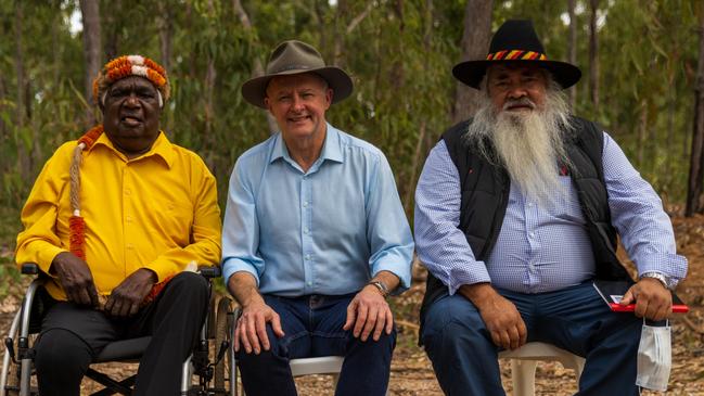 Galarrwuy Yunupingu, Prime Minister Anthony Albanese and Senator Pat Dodson at the Garma Festival 2022. Picture: Tamati Smith/Getty Images