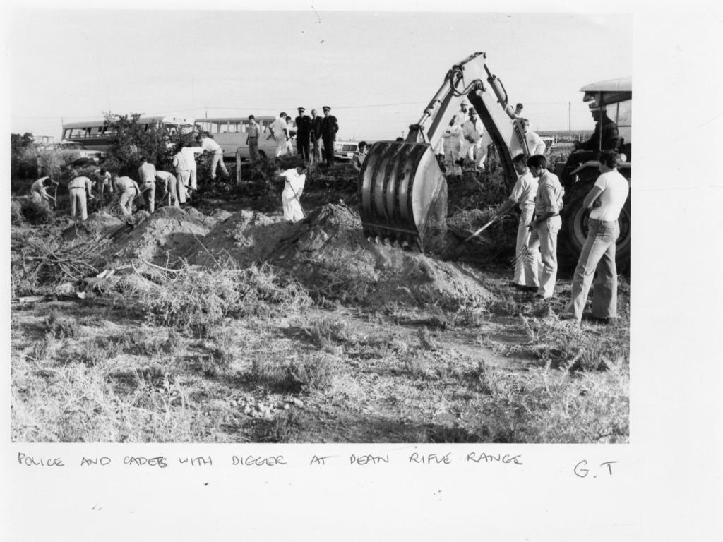 Police cadets and officers digging for human remains during search at Dean Rifle Range, Wingfield, May 24, 1979.