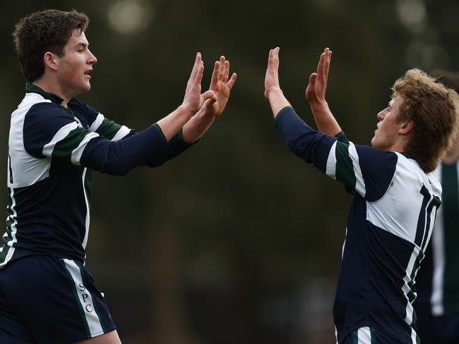 Brady Wright of St Patrick's College celebrates kicking a goal during the Herald Sun Shield semi-final between St Patricks Ballarat and Emmanuel College Warrnambool.