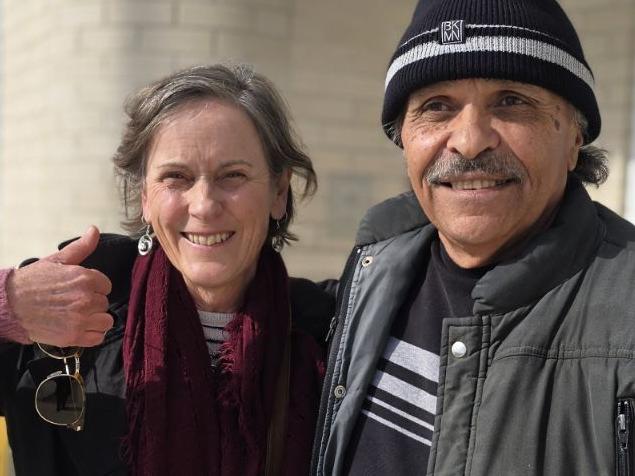 Convicted killer Derek Bromley (R), with long time supporter Robyn Milera (L)  has walked free from prison at Northfield. The 68-year-old was sentenced to life behind bars for the murder of Stephen Docoza whose body was found floating in the River Torrens in 1984. Picture: 7NEWS