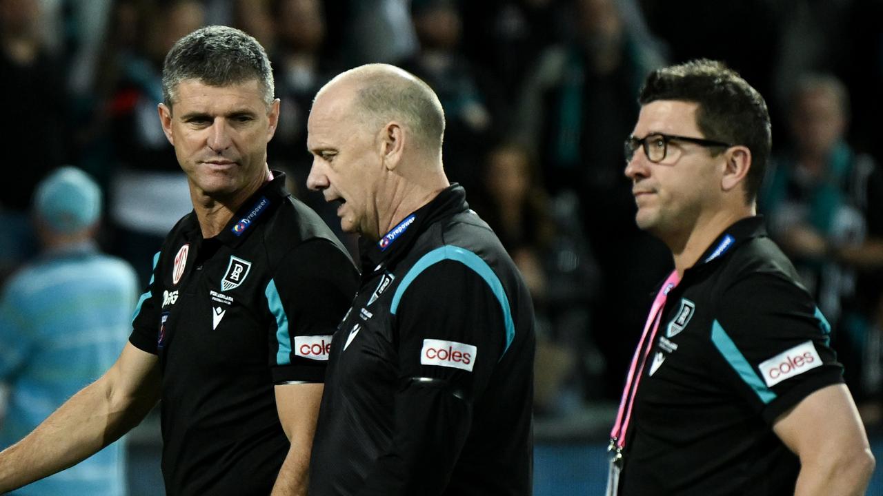 ADELAIDE, AUSTRALIA – SEPTEMBER 16: Ken Hinkley coach of Port Adelaide leaves the ground after the AFL Second Semi Final match between Port Adelaide Power and Greater Western Sydney Giants at Adelaide Oval, on September 16, 2023, in Adelaide, Australia. (Photo by Mark Brake/Getty Images)