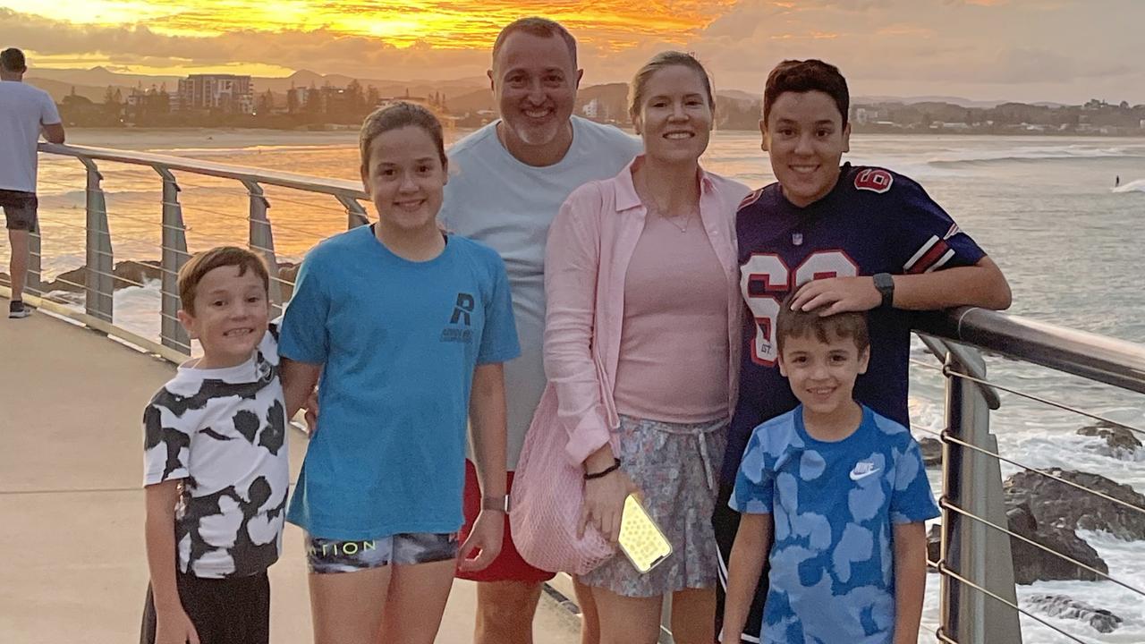 Donny and Jess Gambaro with children Massimo, Zara, Don and Nico at the Gold Coast, April 2023. Photo: Supplied.