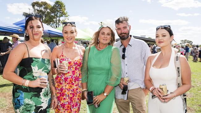 At the Clifton Races are (from left) Hayley Bawden, Stephanie Reed, Mandy Pharaoh, Wayne Pharaoh and Shailer Ziarno, Saturday, October 28, 2023. Picture: Kevin Farmer