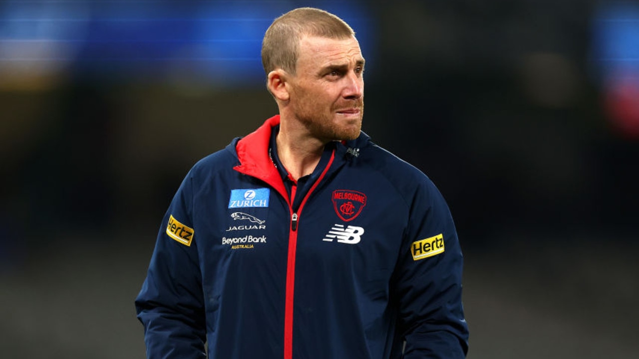 MELBOURNE, AUSTRALIA - MAY 21: Melbourne Demons Head Coach Simon Goodwin looks on prior to the round 10 AFL match between the North Melbourne Kangaroos and the Melbourne Demons at Marvel Stadium on May 21, 2022 in Melbourne, Australia. (Photo by Graham Denholm/Getty Images)