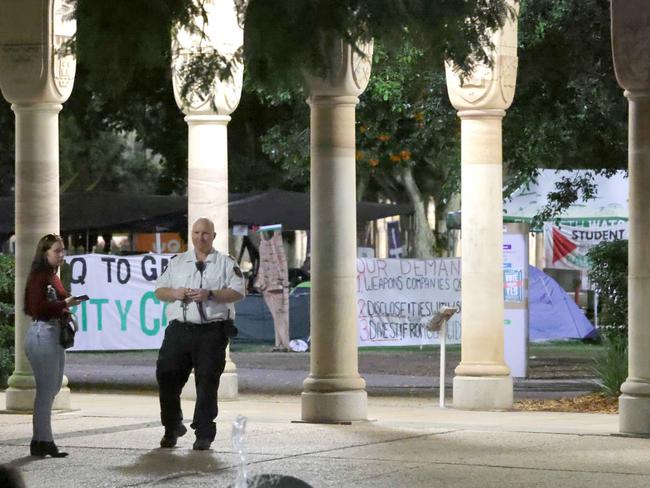 Security stop people entering the great court as a Bomb Threat on the same evening as the vote for Palestine vote, UQ St Lucia, on Wednesday 29th May 2024 - Photo Steve Pohlner