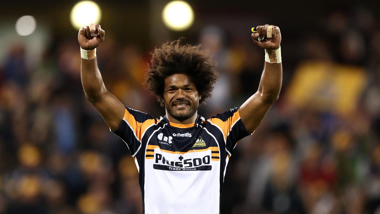 Henry Speight of the Brumbies celebrates victory at GIO Stadium.