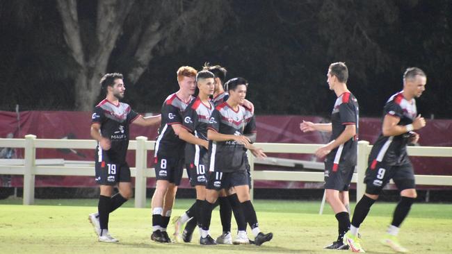Crusaders celebrate their second goal in Magpies Crusaders v Sunshine Coast Fire in the FQPL1 at Sologinkin Oval. Saturday, March 19, 2022. Picture: Tara Miko