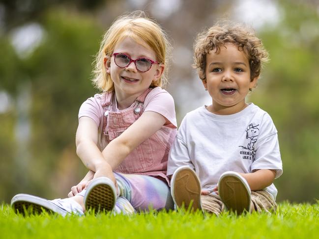 Reggie Randall (8) and Ray Graham (3) at The Royal Children Hospital for the 20th anniversary of the screening program that discovered their hearing loss. Picture: Jake Nowakowski