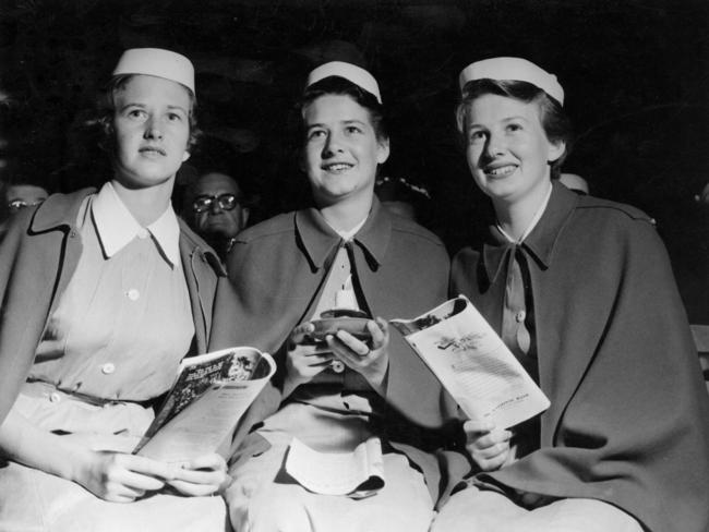 Austin Hospital nurses Meg Tuffy, Janice Tindill and Marj McGregor at 1954 Carols by Candlelight.