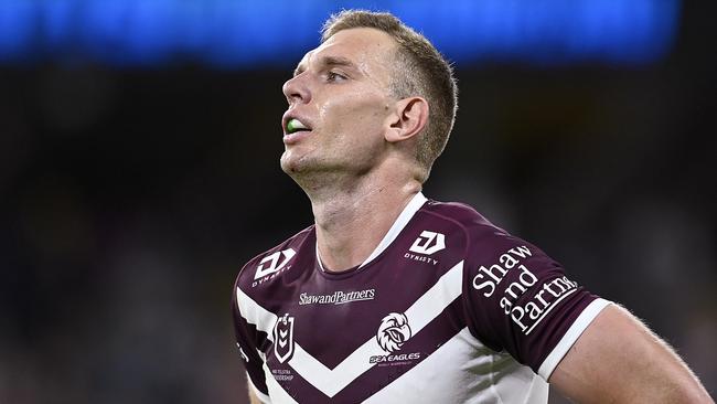 TOWNSVILLE, AUSTRALIA - JULY 06: Tom Trbojevic of the Sea Eagles loduring the round 18 NRL match between North Queensland Cowboys and Manly Sea Eagles at Qld Country Bank Stadium, on July 06, 2024, in Townsville, Australia. (Photo by Ian Hitchcock/Getty Images)