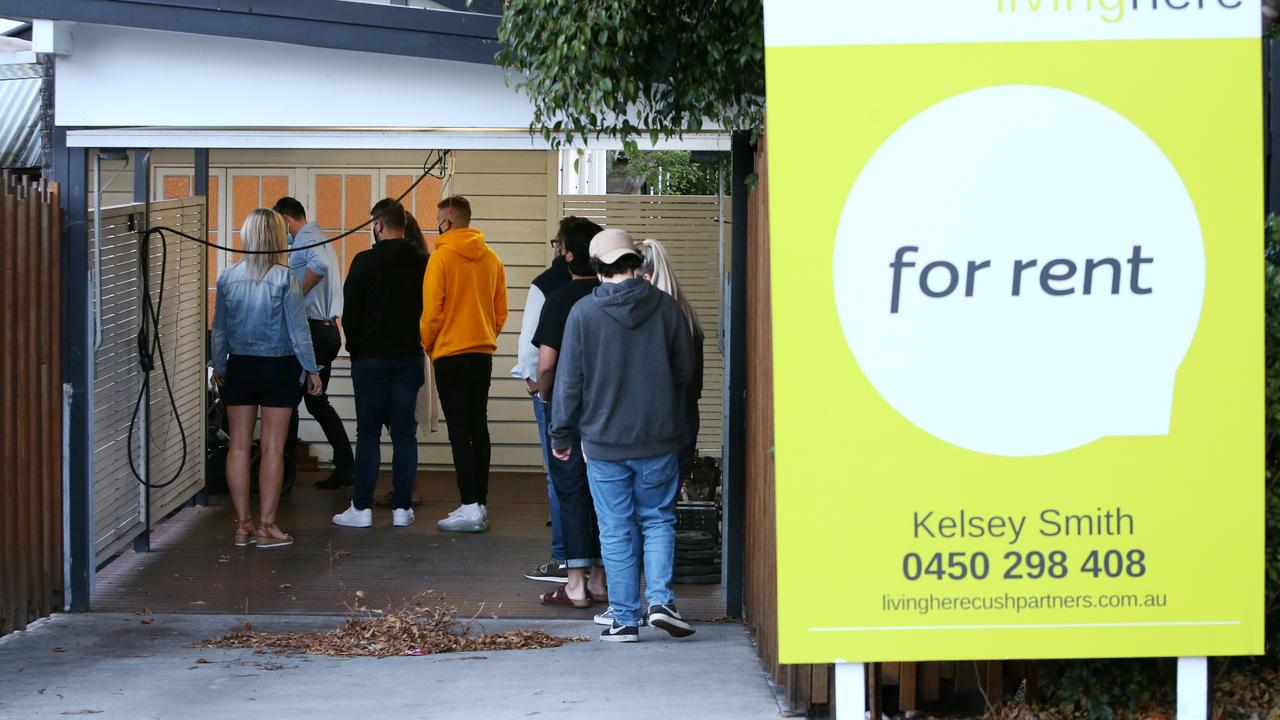 Rental crisis, a line up of people waiting to inspect a home, 167 James Street New Farm, Picture: Steve Pohlner