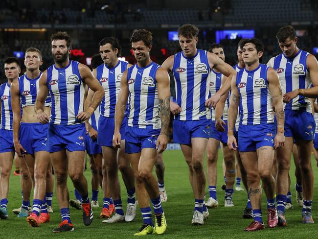 The Roos walk off after their loss to Hawthorn on Sunday night. Picture: Michael Klein