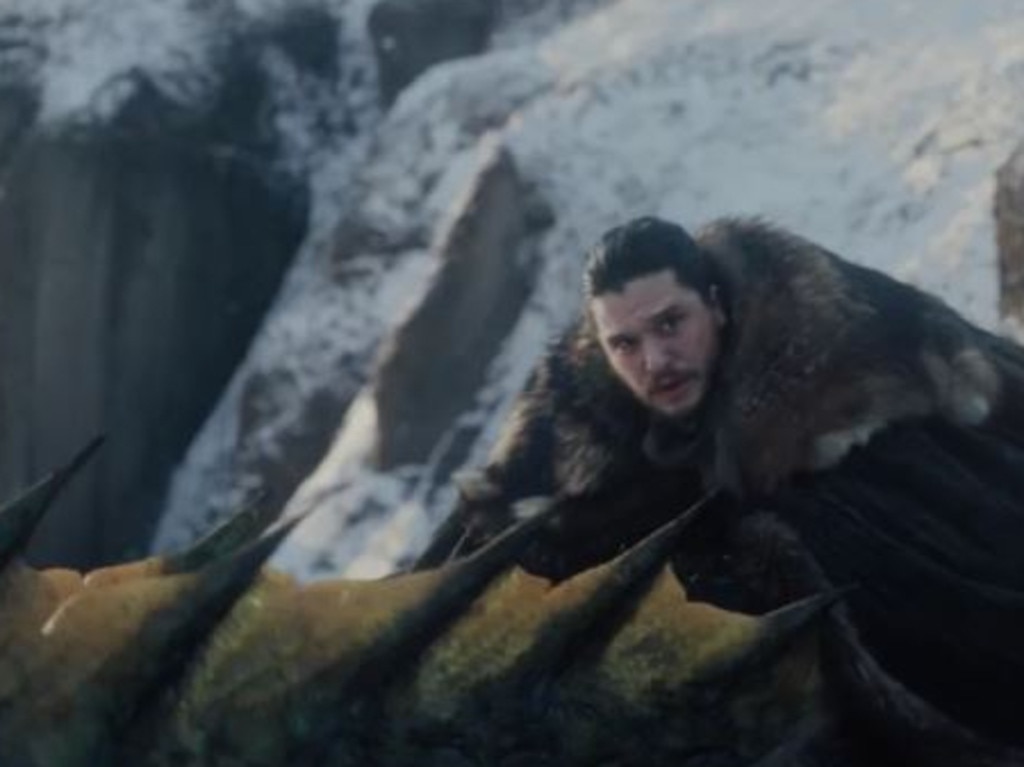 Jon Snow aka Kit Harington riding a dragon in Game of Thrones.  Picture:  HBO