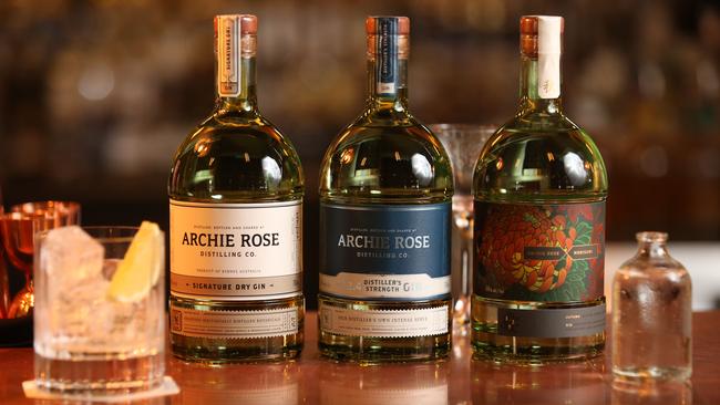 A variety of gins at the Archie Rose distillery in Rosebery. Picture: Bob Barker