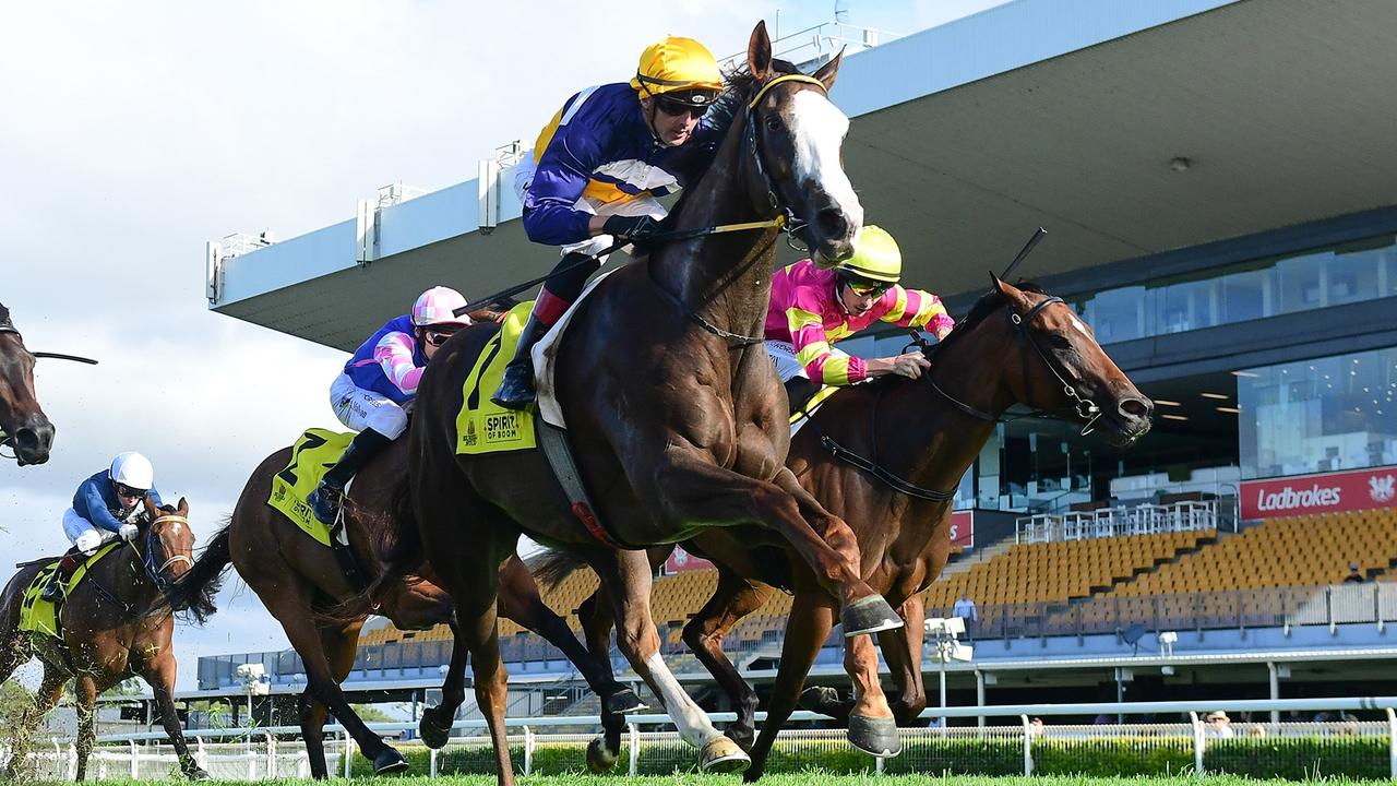 Abounding dashes clear to win the Tatt’s Classic at Doomben on Wednesday. Picture: Grant Peters/Trackside Photography