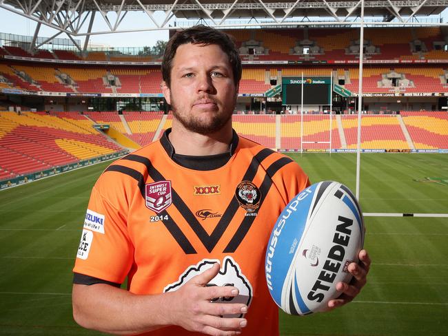 Semi-final rivals Blake Leary (Northern Pride), Tim Natusch (Wynnum Manly Seagulls), Steven Thorpe (Easts Tigers), James Wood (Tweed Heads Seagulls) and Marmin Barba (Ipswich Jets) fuelled the fire today in Brisbane at the official launch of the 2014 series, Suncorp Stadium, Milton. Photographer: Liam Kidston.