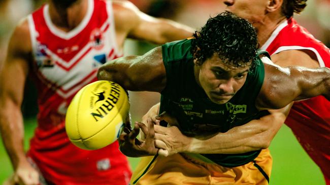 Salmon won a premiership with St Mary’s in the NTFL in March last year. Picture: Glenn Campbell