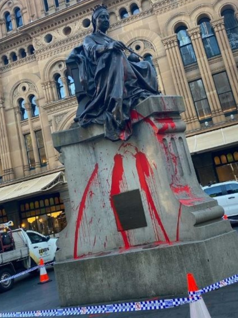 The Queen Victoria Statue outside the building named after her after it was vandalised. Picture: 2GB