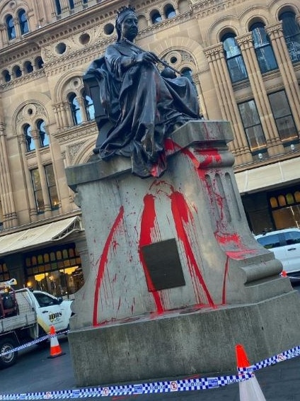 The Queen Victoria Statue outside the building named after her after it was vandalised. Picture: 2GB