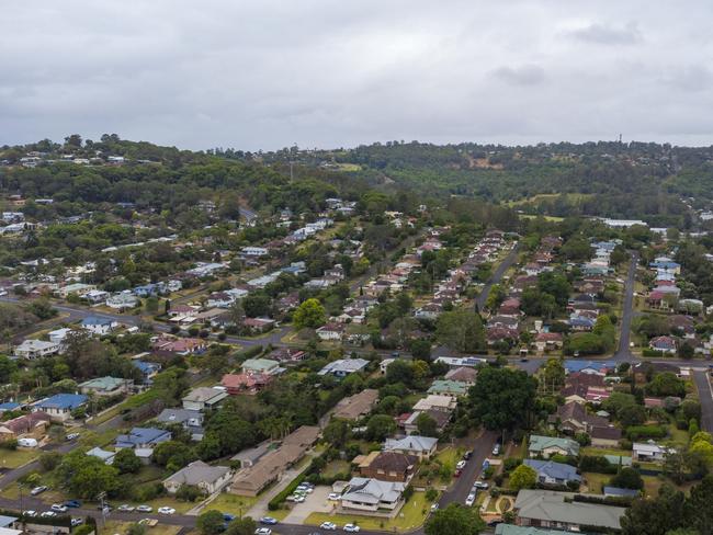 Aerial view of neighbourhood streets of Lismore, NSW, Australia on a cloudy day