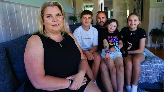 Mycosis fungoides sufferer Annerley Juhlin-Beeck with her husband, Wayne Beeck, and children Mason, 14, Shaylee, 11, and Imogen, 7, at their home in Avondale Heights, Melbourne. Picture: Luis Enrique Ascui / The Australian