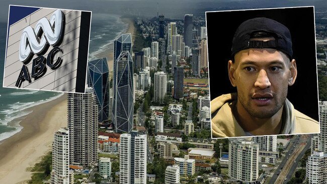 Queensland's Gold Coast, which the ABC kindly tells us has no gay bars. The entry of Israel Folau, top right, into the equation apparently increases the area's 'toxic masculinity'. Pictures: Supplied/Supplied/Getty Images