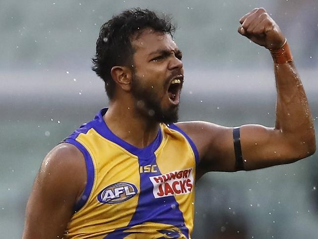 MELBOURNE, AUSTRALIA - AUGUST 18: Willie Rioli of the Eagles celebrates a goal during the 2019 AFL round 22 match between the Richmond Tigers and the West Coast Eagles at the Melbourne Cricket Ground on August 18, 2019 in Melbourne, Australia. (Photo by Dylan Burns/AFL Photos)