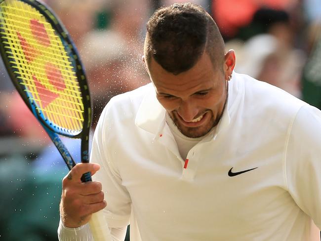 LONDON, ENGLAND - JULY 04: Nick Kyrgios (AUS) reacts against Rafael Nadal (ESP) during their Gentlemen's Singles 2nd Round match on Day 4 of The Championships - Wimbledon 2019 at the All England Lawn Tennis and Croquet Club on July 4, 2019 in London, England. (Photo by Simon Stacpoole/Offside/Getty Images)