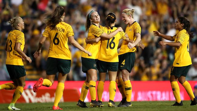 The Matildas celebrate Hayley Raso’s goal against New Zealand on Thursday night. Picture: Getty Images 