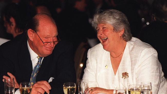 Return of the flag: The late Kerry Packer with Dawn Fraser at the testimonial lunch where he bought back the Olympic flag she stole in Tokyo and returned it to the Fraser clan.