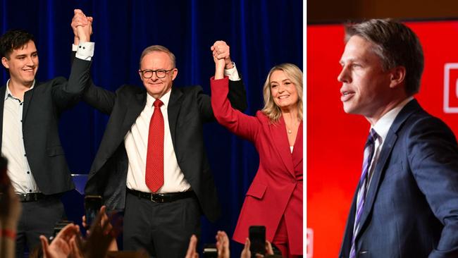 Prime Minister Anthony Albanese celebrates his election victory with son Nathan and partner Jodie Haydon, and Labor's national secretary Paul Erickson. Pictures: AFP, supplied.