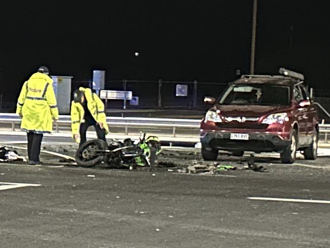 Main South Road is blocked for southbound traffic at Aldinga after a car and motorbike collided at the Malpas Road intersection. Major Crash officers are heading to the scene. picture: Natalie Vikhrov