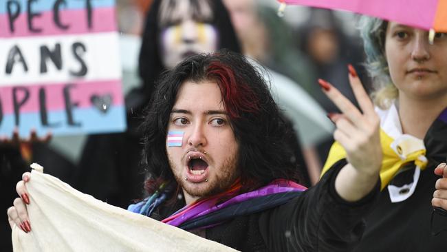 Trans activists near Parliament house in Canberra. Picture: NCA NewsWire / Martin Ollman