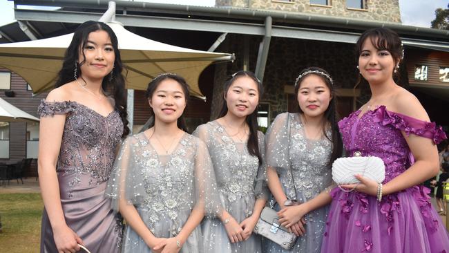 Suzanne Lim, Julia Zhu, Jessica Zhu, Joanna Zhu and Alisa Black at Runcorn State High School 2023 formal. Photos: Georgie Walker.
