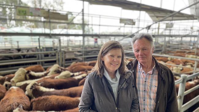 Cattle breeders Kym and Ken Skews from Ensay who sold an outstanding line of 169 Hereford steers to a top of $2350 or 626c/kg at the Bairnsdale store sale.