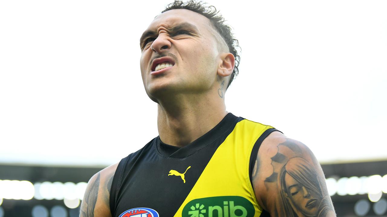 MELBOURNE, AUSTRALIA - JULY 28: Shai Bolton of the Tigers looks dejected after losing the round 20 AFL match between Collingwood Magpies and Richmond Tigers at Melbourne Cricket Ground, on July 28, 2024, in Melbourne, Australia. (Photo by Josh Chadwick/Getty Images)