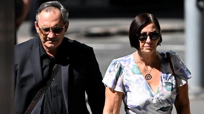 Sue and Lloyd Clarke, parents of Hannah Clarke, arrive at the Magistrates Court in Brisbane. Picture: NCA NewsWire / Dan Peled