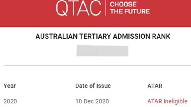 A notice sent to Year 12 students across Queensland, which QTAC says is due to a technical issue. Picture: Supplied