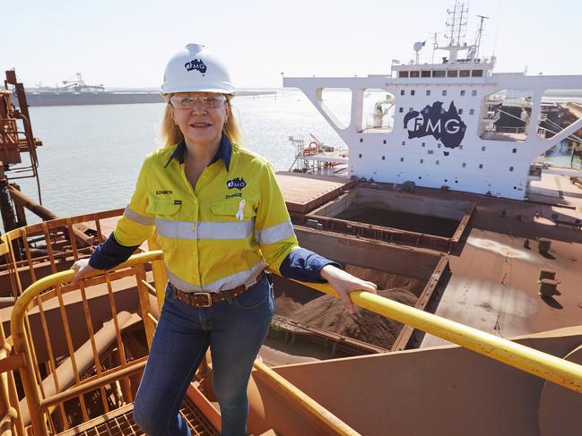 Fortescue Metals Group chief executive Elizabeth Gaines atop a shiploader at the iron ore miner’s Port Hedland facilities