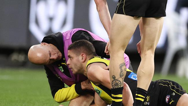 Star Tiger Dion Prestia was knocked out in an ugly incident with Geelong defender Tom Stewart. Picture: Michael Klein