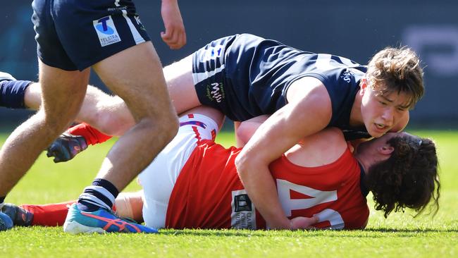 POWERFUL FORCE: Tom Sparrow lays a strong tackle during the SANFL under-18s preliminary final against Norwood. Picture: Mark Brake (AAP).