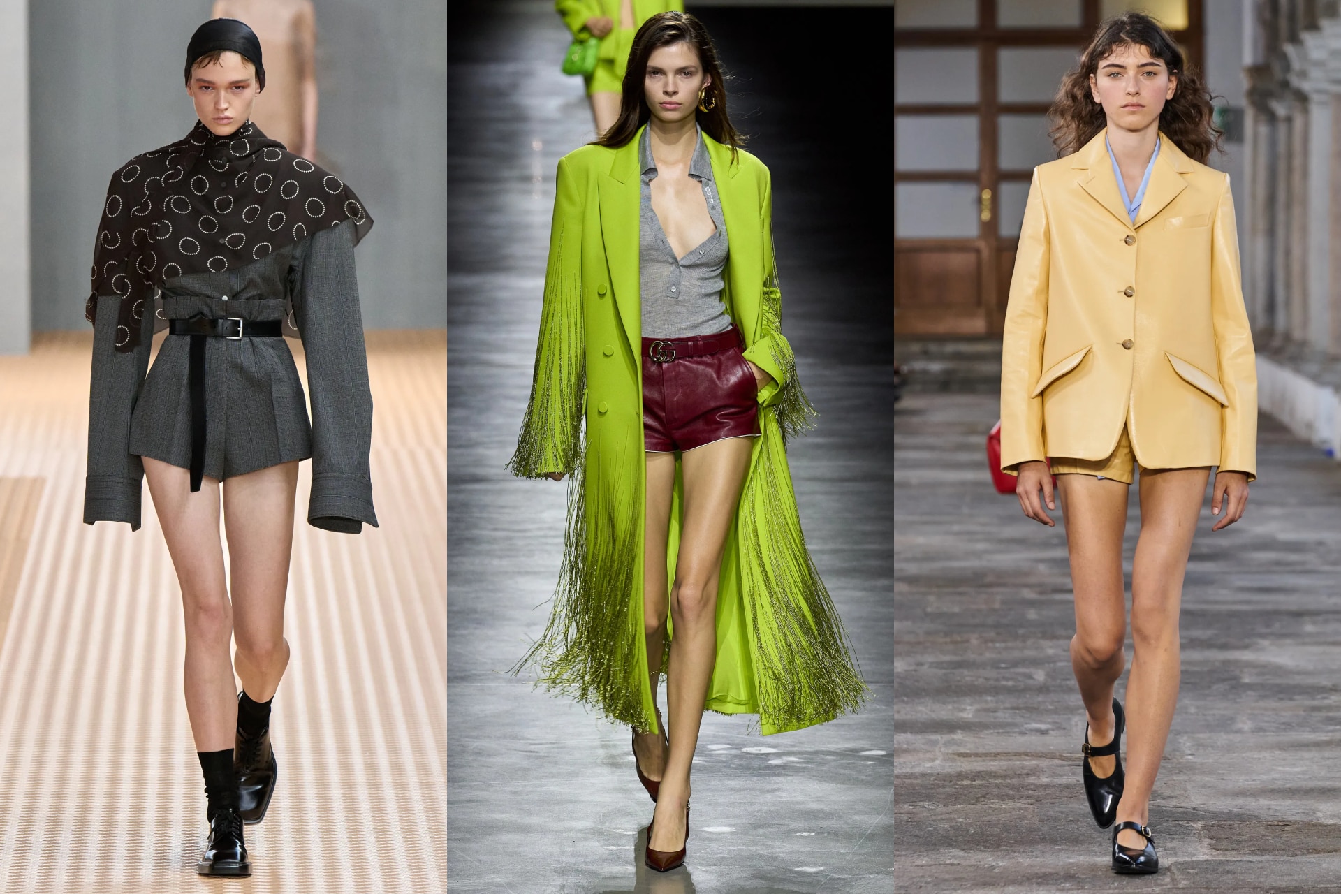 <p><i>Above (L-R): Prada, Gucci, Bally</i></p><h3><b>Short shorts</b></h3><p>&ldquo;Very short shorts, yes! The gar&ccedil;ons have beautiful legs!&rdquo; That was what Herm&egrave;s&rsquo;s menswear designer V&eacute;ronique Nichanian was quoted as saying in June, when short suits all but monopolised the shows in Milan. It follows then, that womenswear would also catch the short shorts fever. Bally, Gucci, Prada, Versace, Tom Ford and Max Mara&mdash;the hottest item on the catwalk was the hot pant, peering out from beneath velvet blazers, jackets and overcoats. This season might be all about the jort, but why not make some space for Daisy Dukes? In spring/summer 2024, every day is leg day.</p>