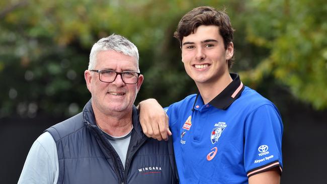 Simon O’Donnell with son James, who will make his debut for the Western Bulldogs against Carlton on Saturday night. Picture: Nicki Connolly